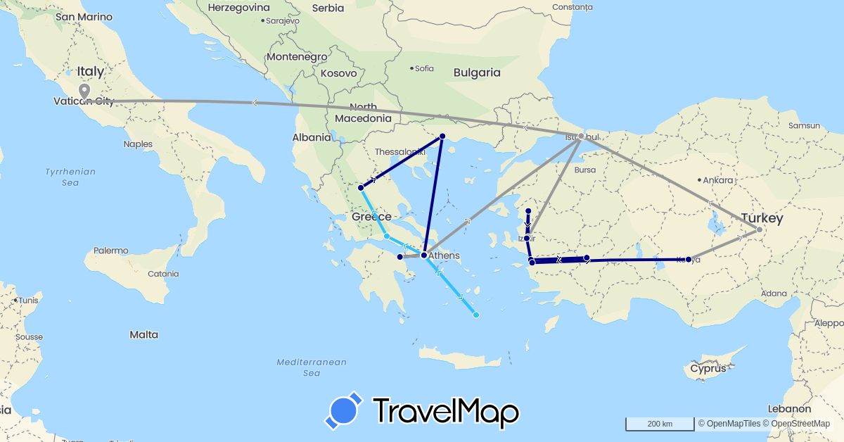 TravelMap itinerary: driving, plane, boat in Greece, Italy, Turkey (Asia, Europe)